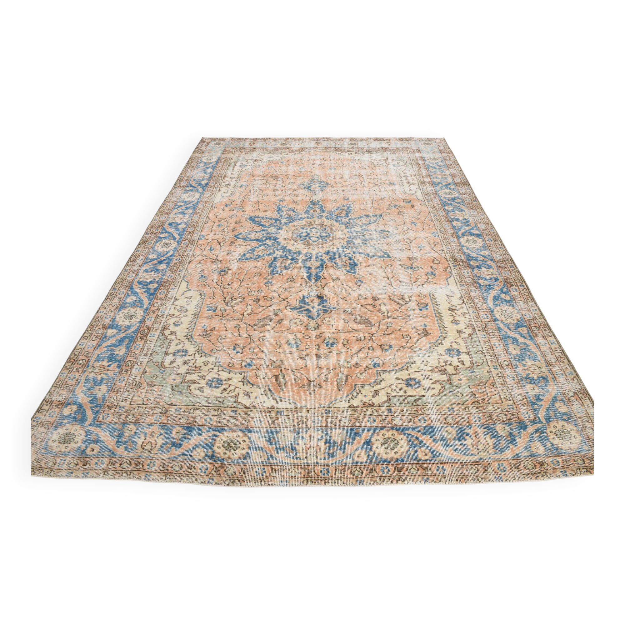 Soft Peach & Blue Oushak Vintage Rug, Made in Anatolian, 220x304 Cm