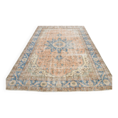 Tapis vintage Oushak pêche et bleu, fabriqué en Anatolie