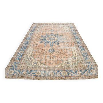 Soft Peach & Blue Oushak Vintage Rug, Made in Anatolian, 220x304 Cm
