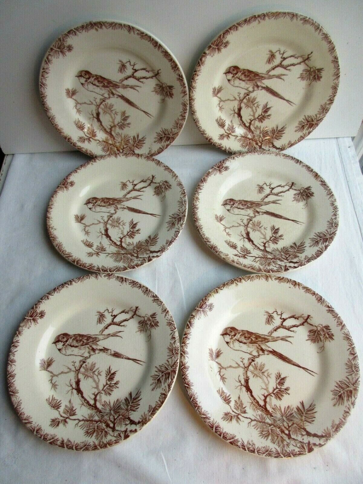 6 GIEN's Maroon Bird Dessert Plates, Provençal style with Hirondelle