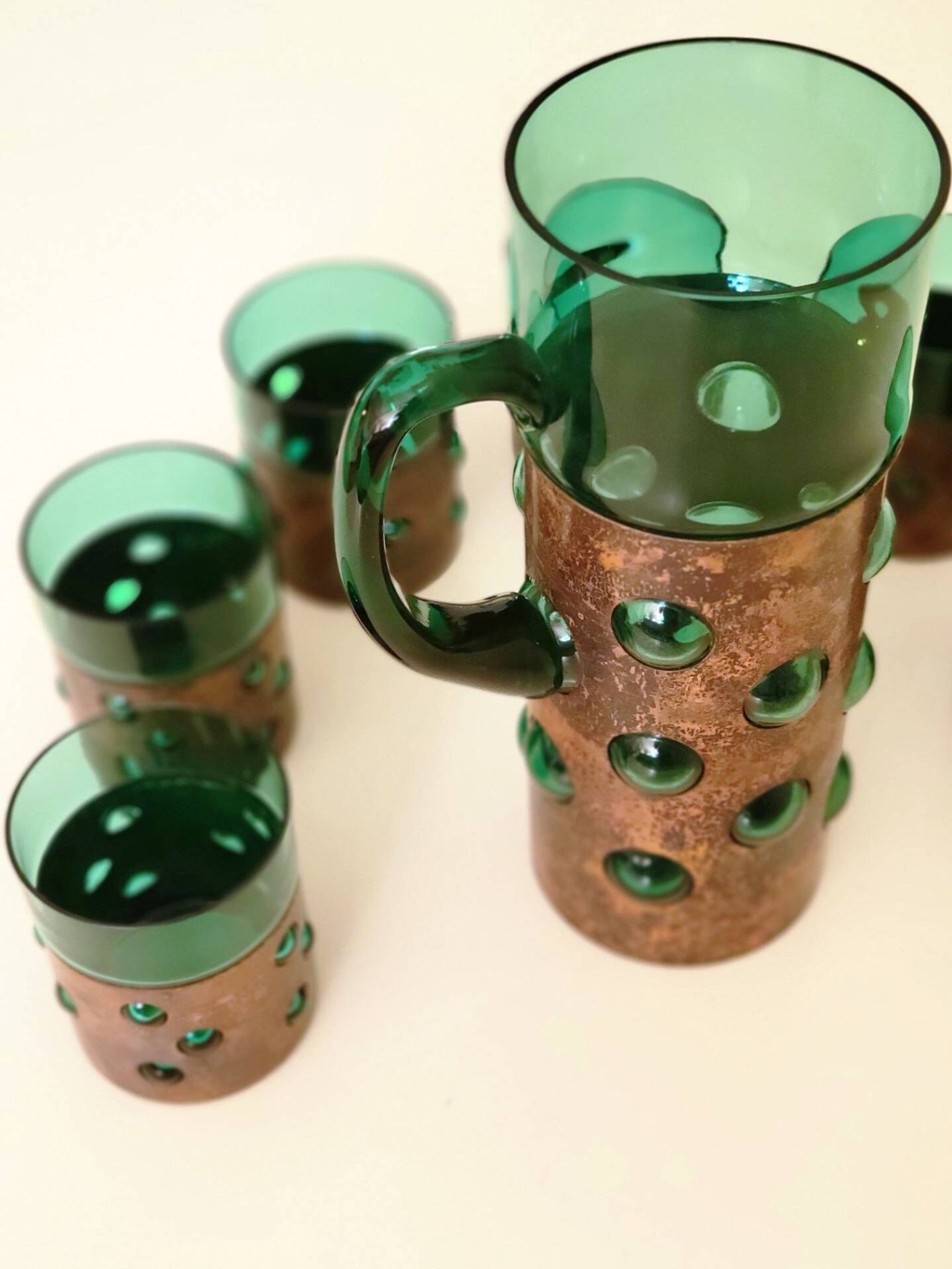 Vintage brutalist drinks set of green glass and patinated copper