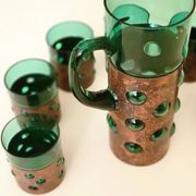 Vintage brutalist drinks set of green glass and patinated copper