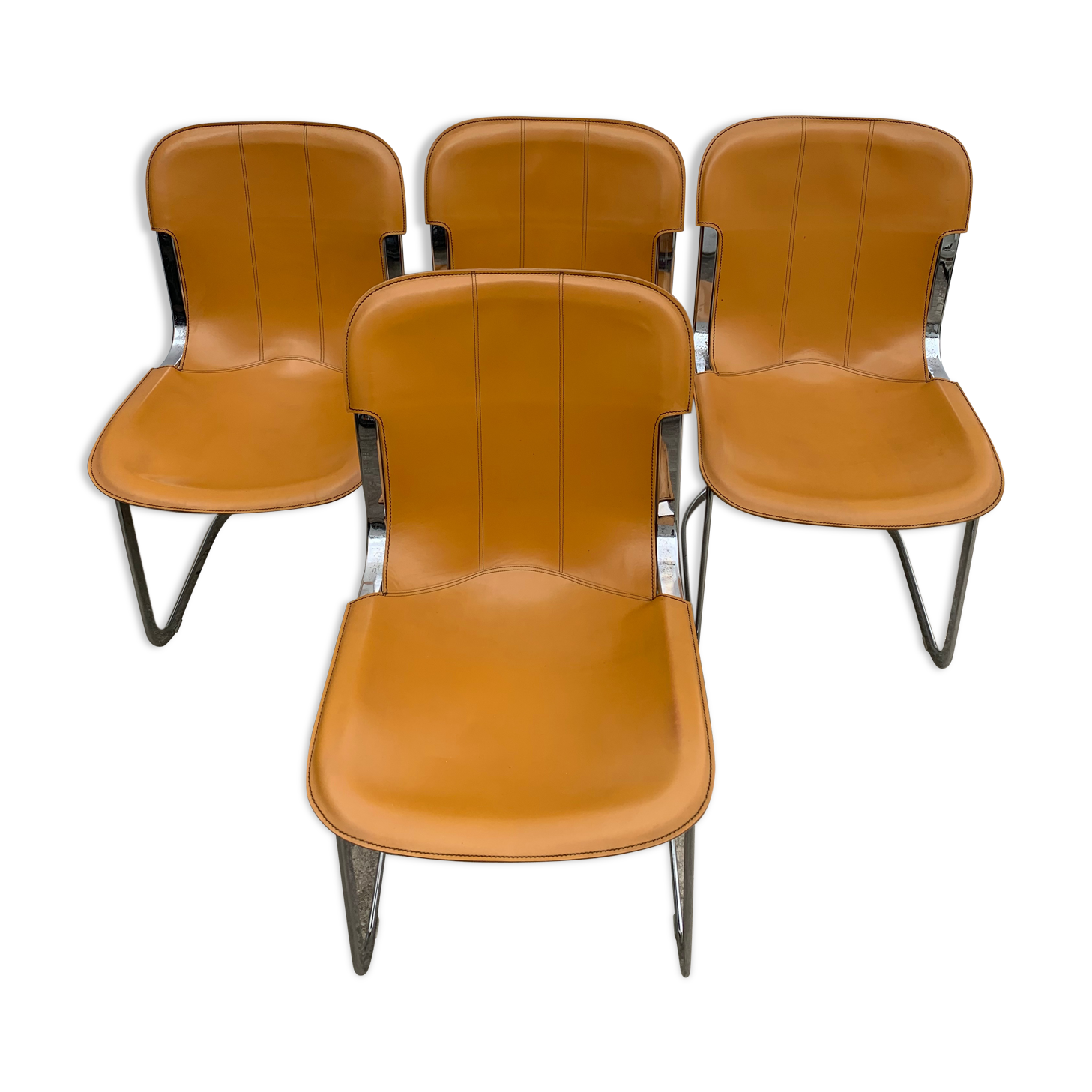 Lot 4 Italian chairs, Cidue camel leather and chrome 1970