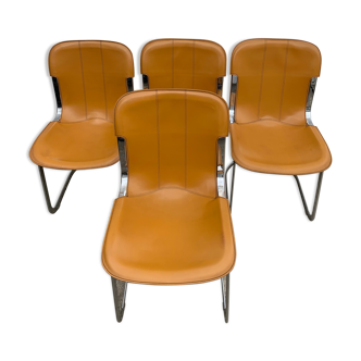 Lot 4 Italian chairs, Cidue camel leather and chrome 1970