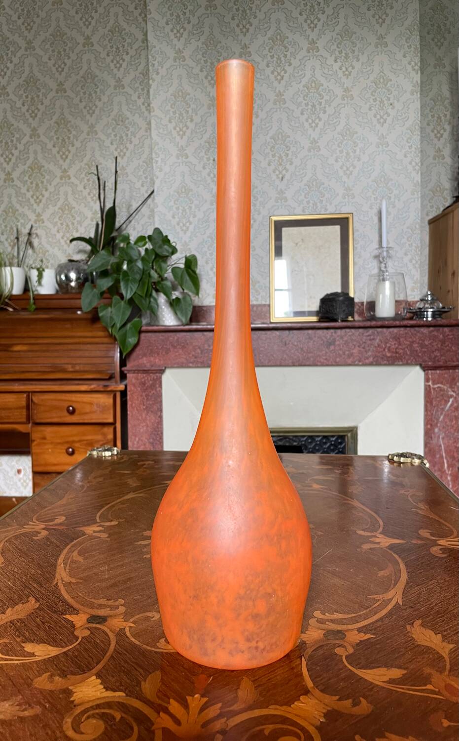 Large Daum Nancy soliflore - marbled orange blown glass - H=41cm