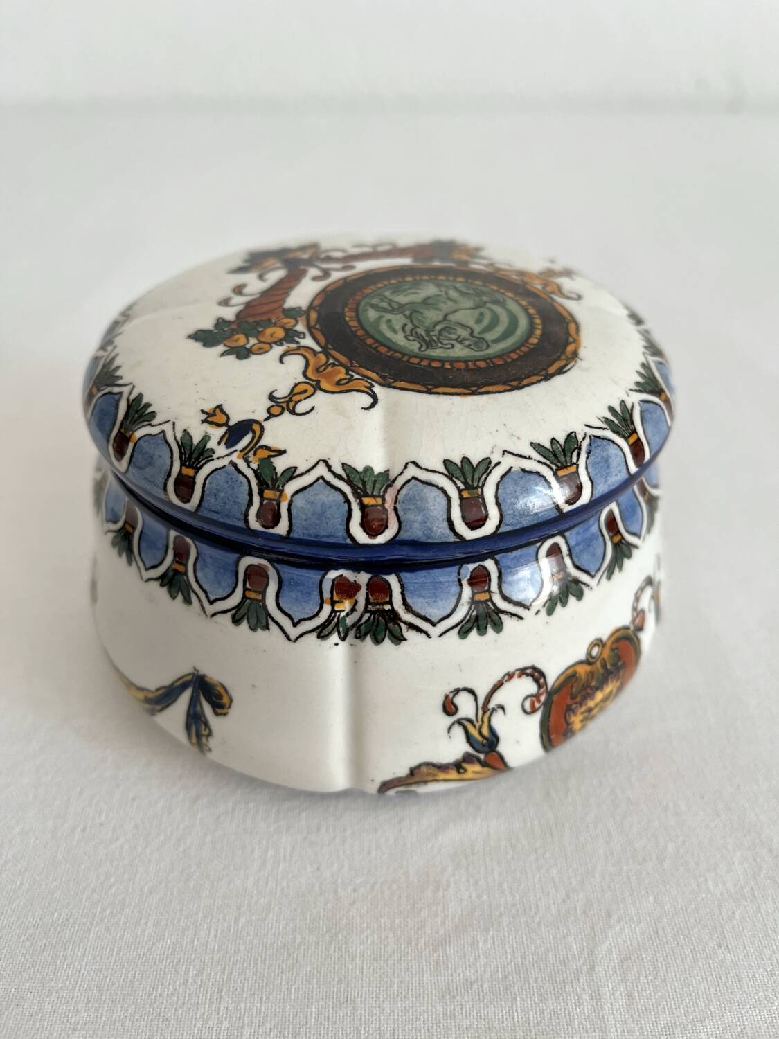 Antique Gien earthenware candy box with Renaissance decor