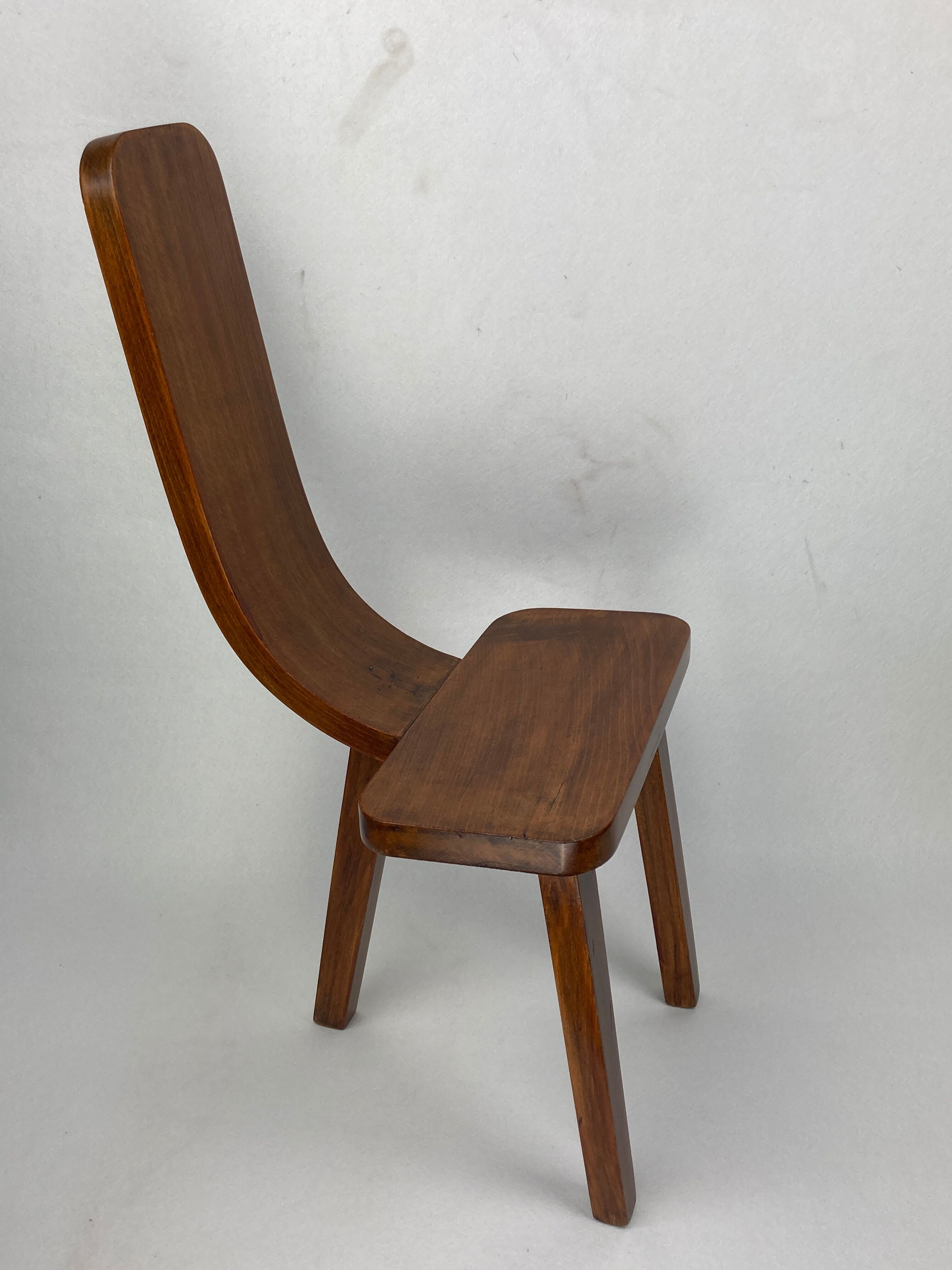 Brutalist low tripod milking stool or side chair Spain ca 1950s