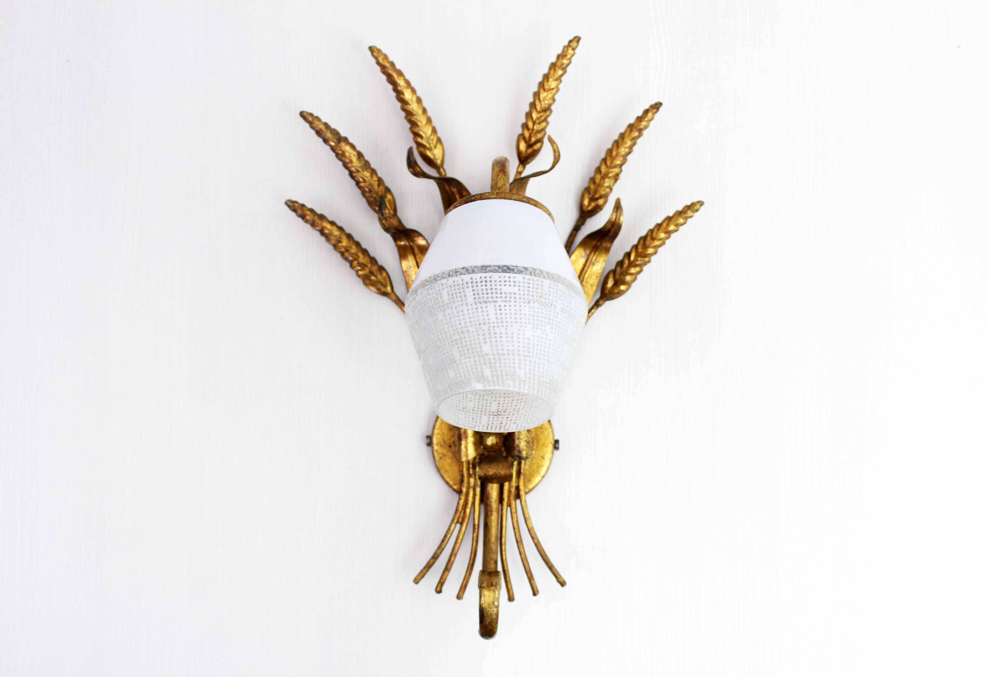 Gold leaf gilded metal wheat sheaf wall light 1950