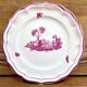 6 old flat table plates, Gien earthenware, pink landscape model.