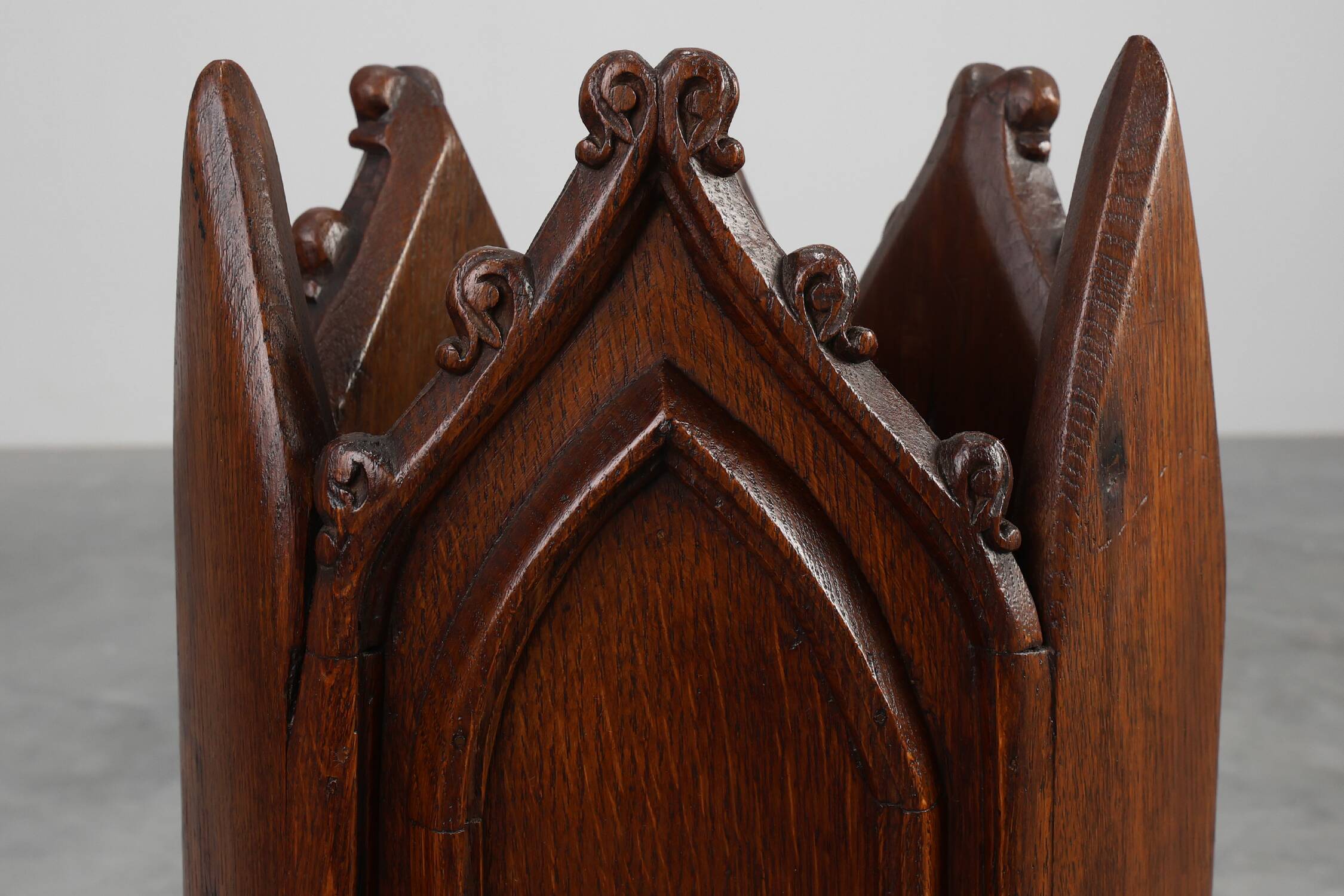 Neo-Gothic Oak Umbrella Stand with Sculptural Carving, France, 19th Century