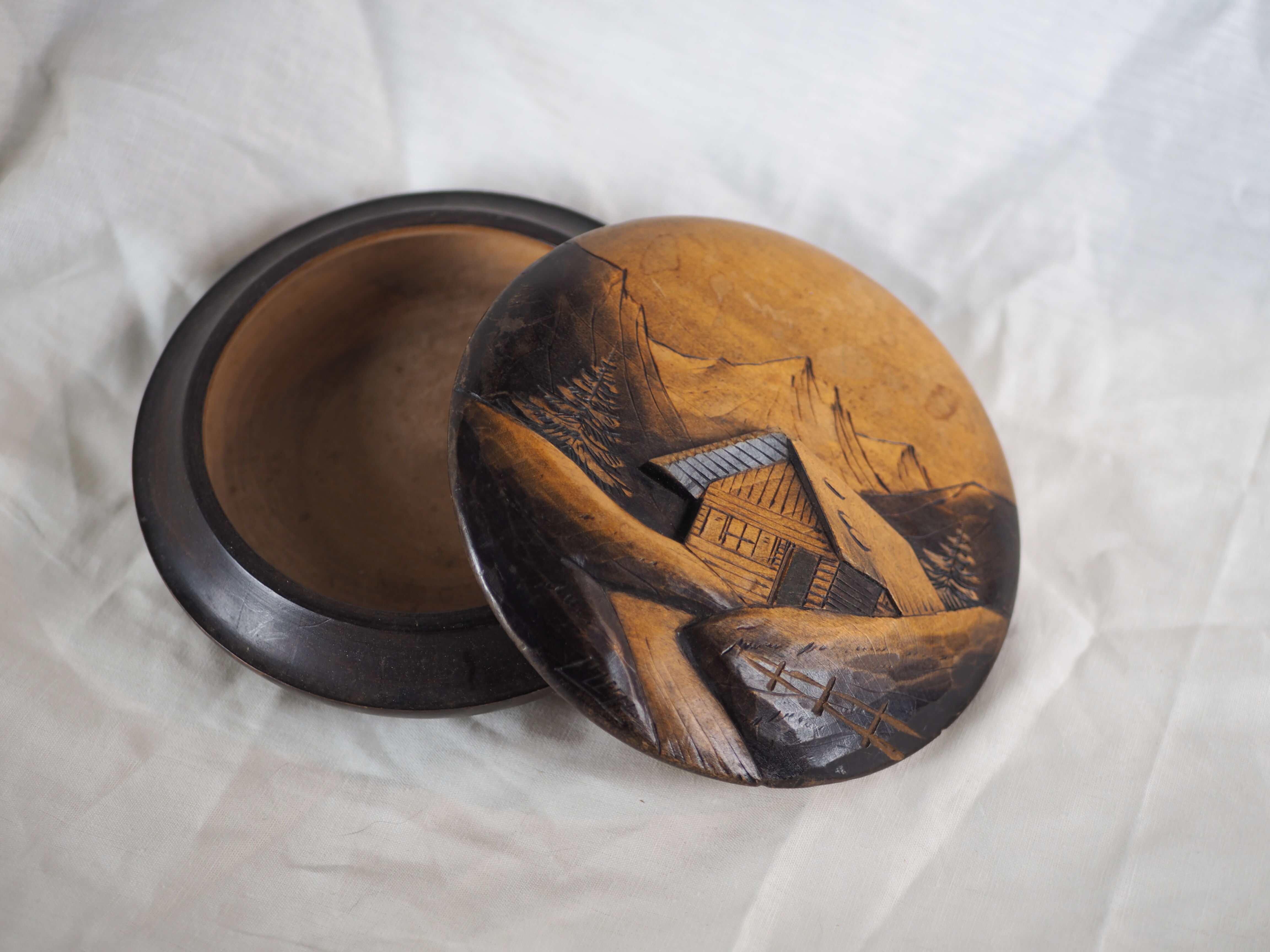 Large blackened wooden box mountain landscape folk art early / mid twentieth