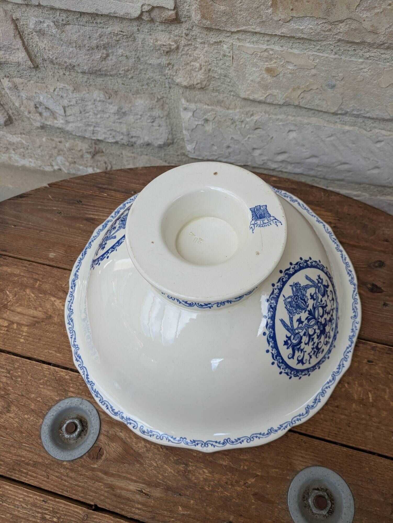 Vintage large salad bowl Gien Rouen model blue arabesques 30x14cm