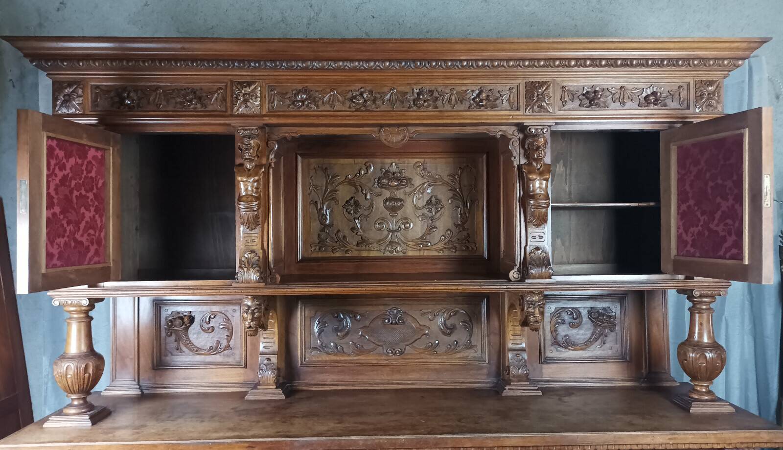 19th-century walnut buffet with two bodies.