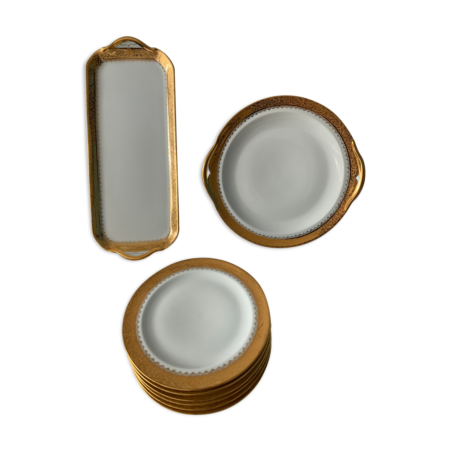 Cake service 6 dessert plates and 2 dishes Georges Boyer porcelain Limoges 1950