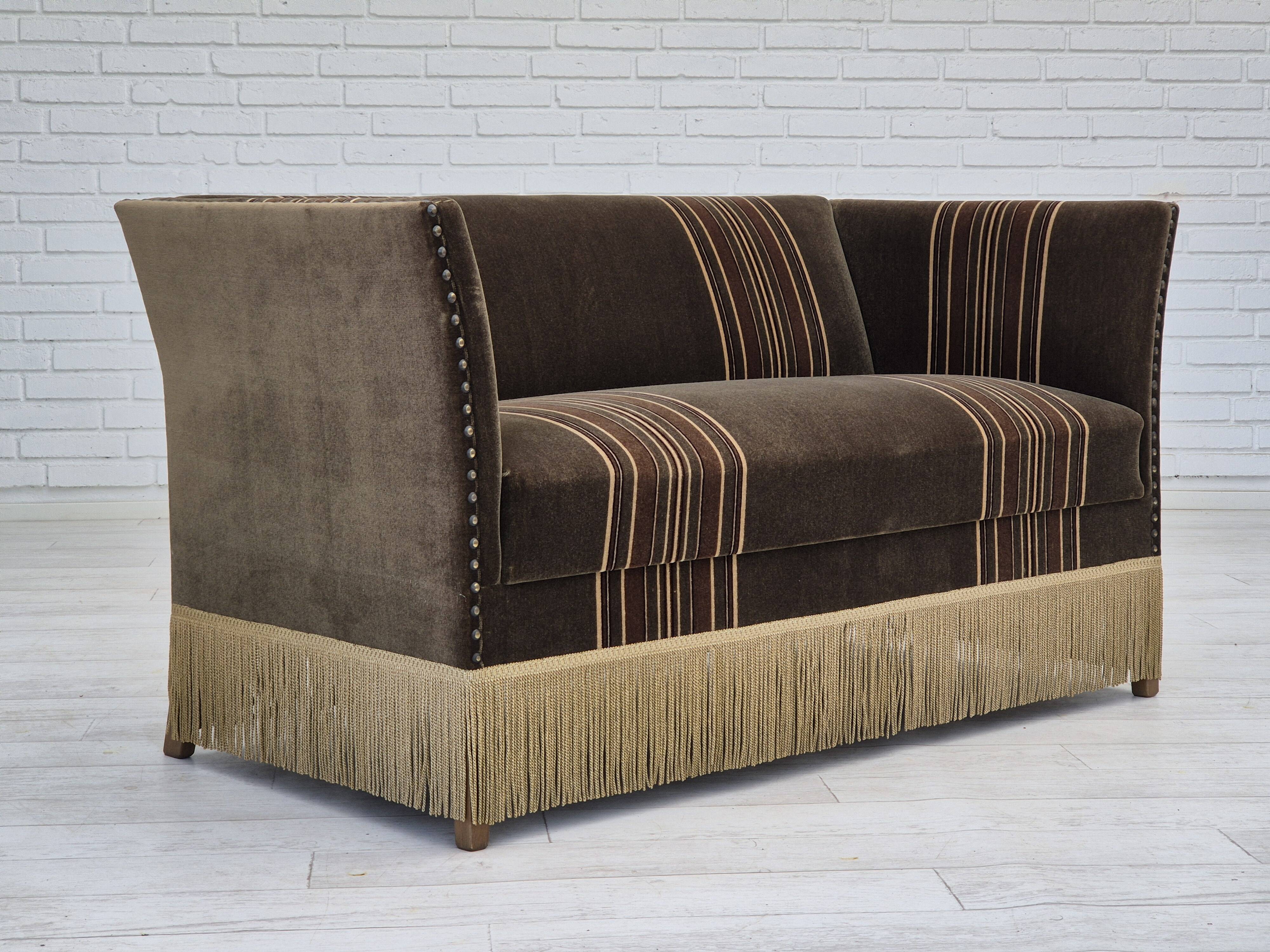 1970s, Danish 2 seater sofa, original condition, green velour, beech wood legs.