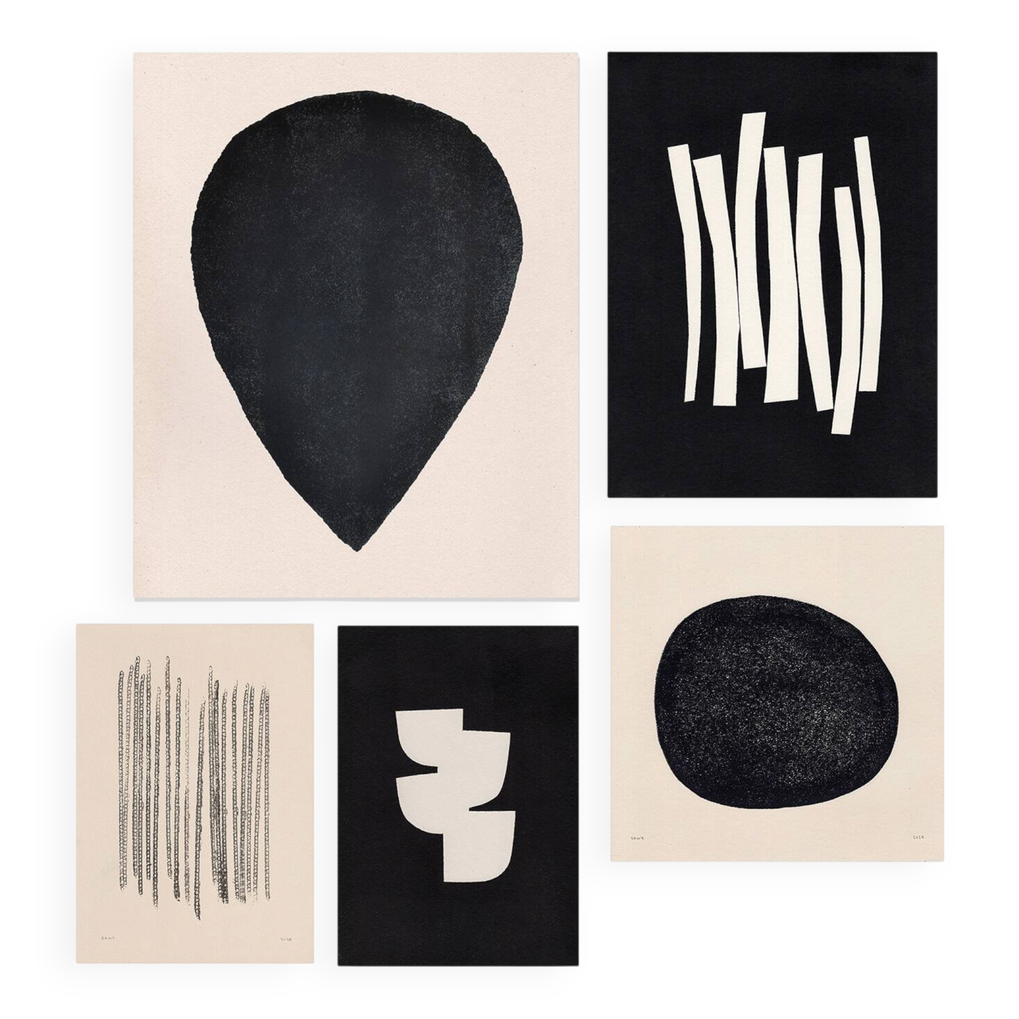 Collection of 5 black paintings on paper signed Eawy.