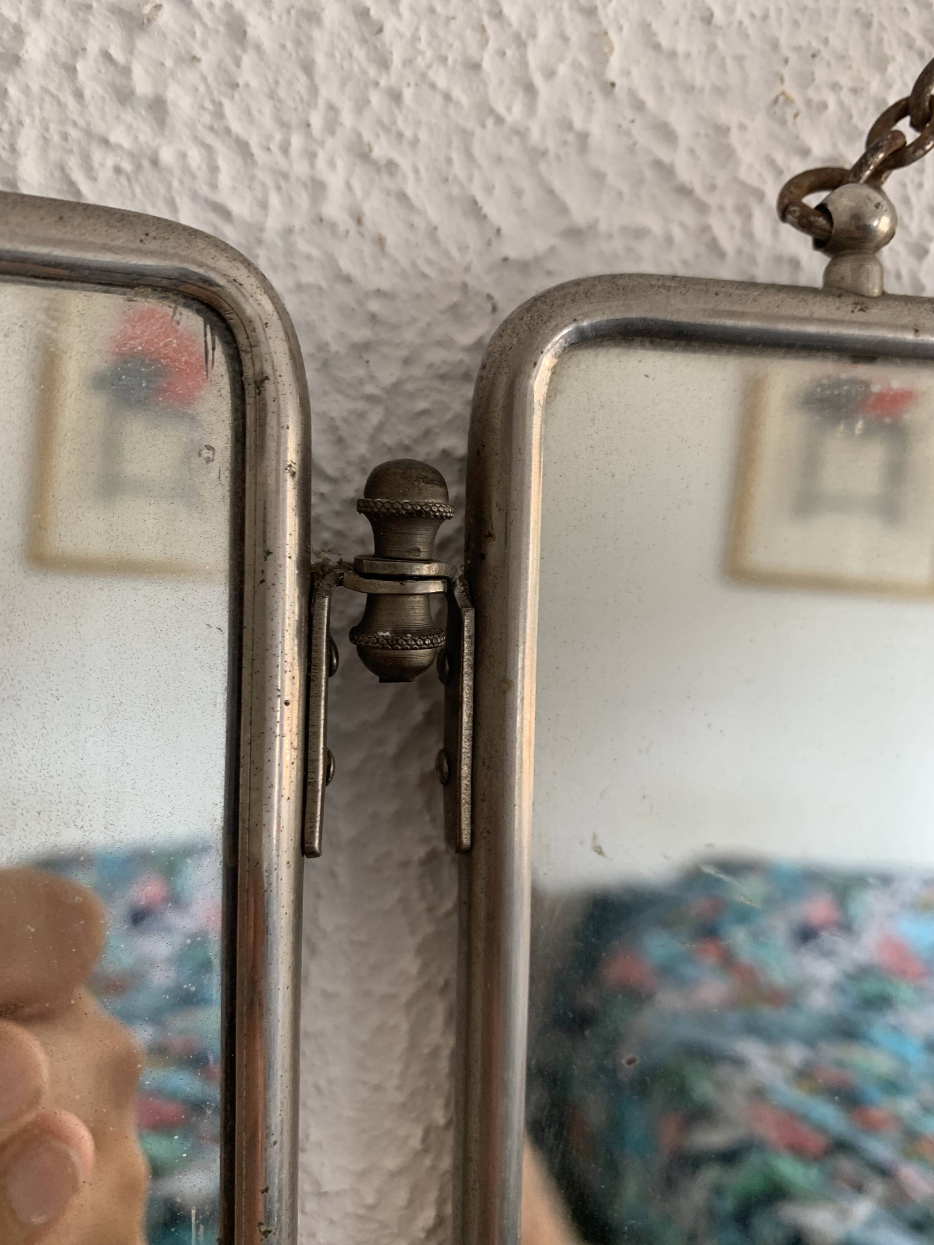 Vintage 1930s triptych barber mirror faux shagreen brown - 30 x 77 cm