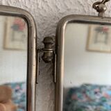 Vintage 1930s triptych barber mirror faux shagreen brown - 30 x 77 cm