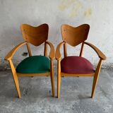 Set of 6 René-Jean Caillette Heart-Shaped Chairs, Bent Wood with Green & Burgundy Upholstery