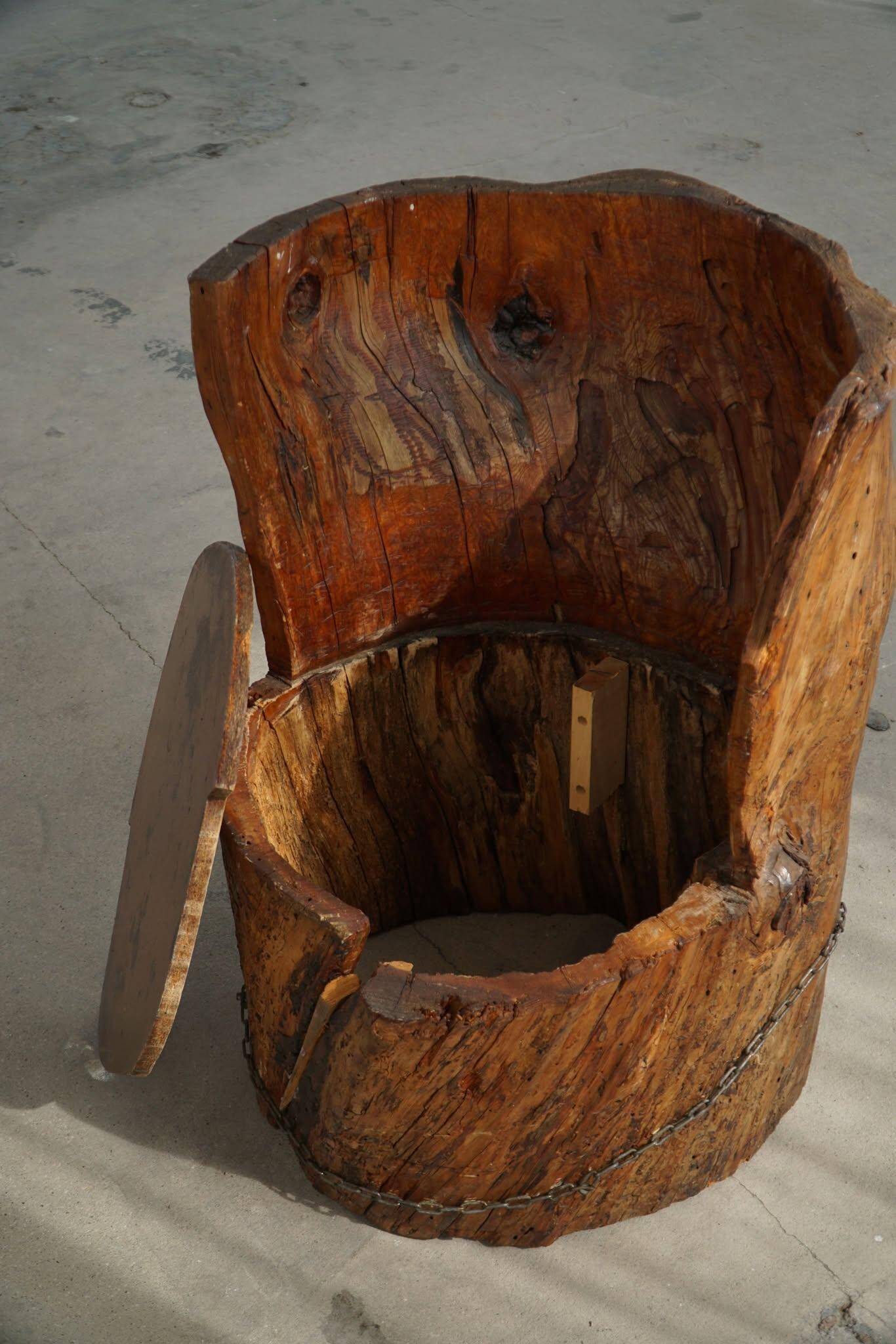 Chair made from hand-carved pine with storage, modern Swedish style, wabi-sabi, 1900s.