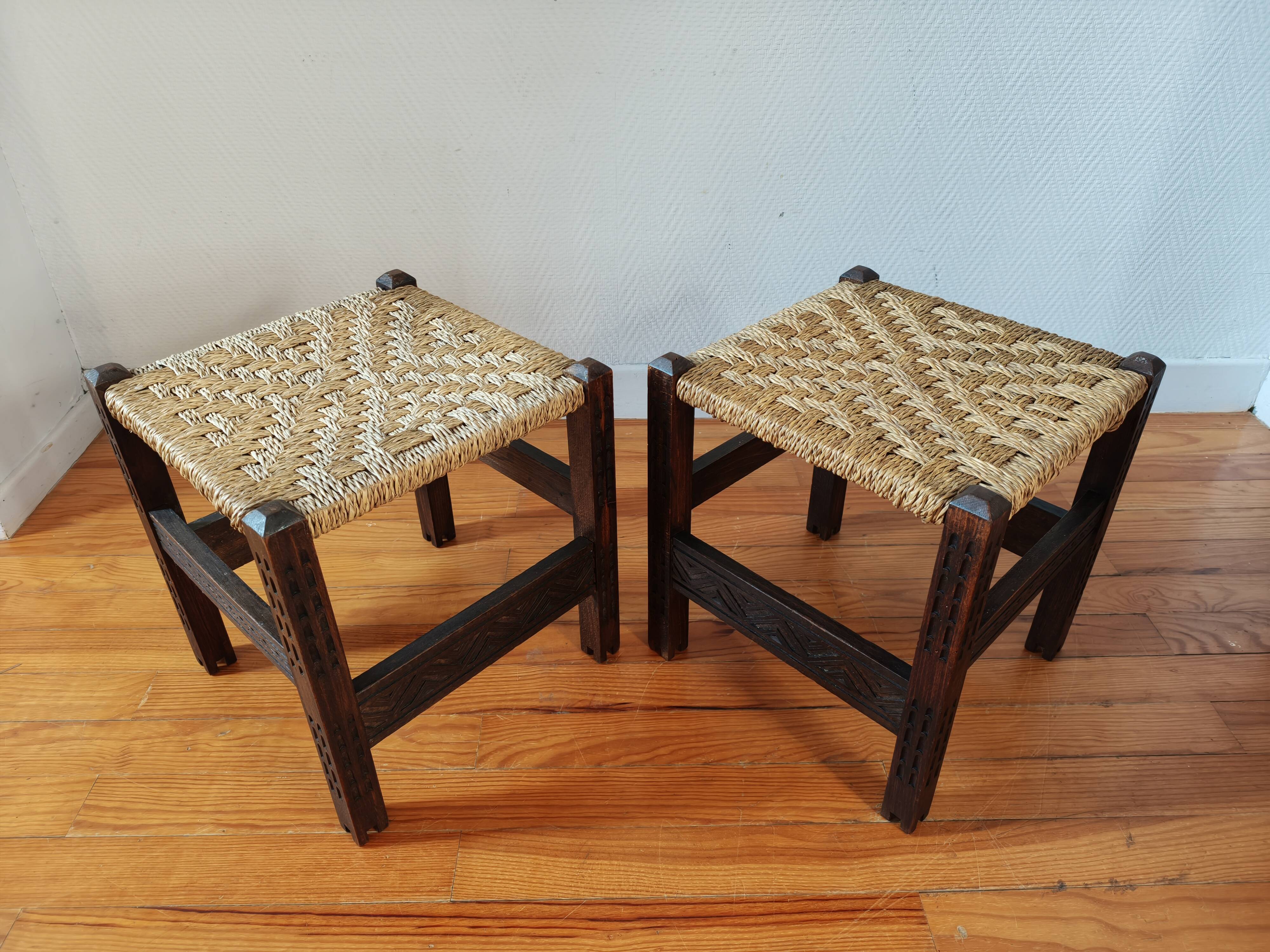Pair of handcrafted stools from Friuli in carved wood, Italy, circa 1960.
