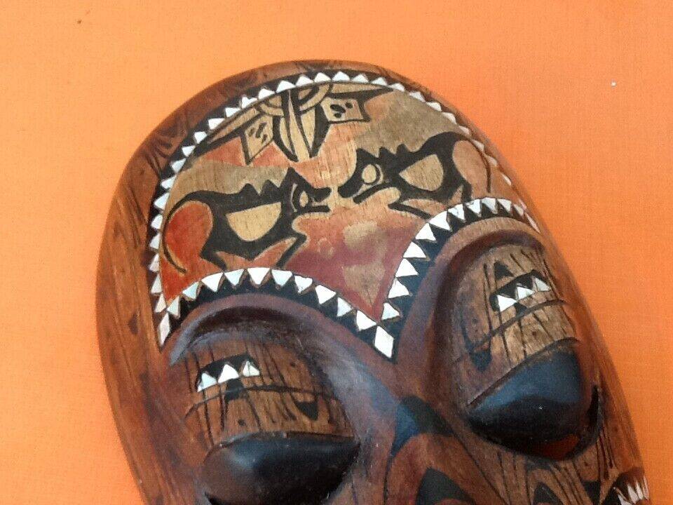 African / Tribal hanging mask Carved wood inlaid with mother-of-pearl