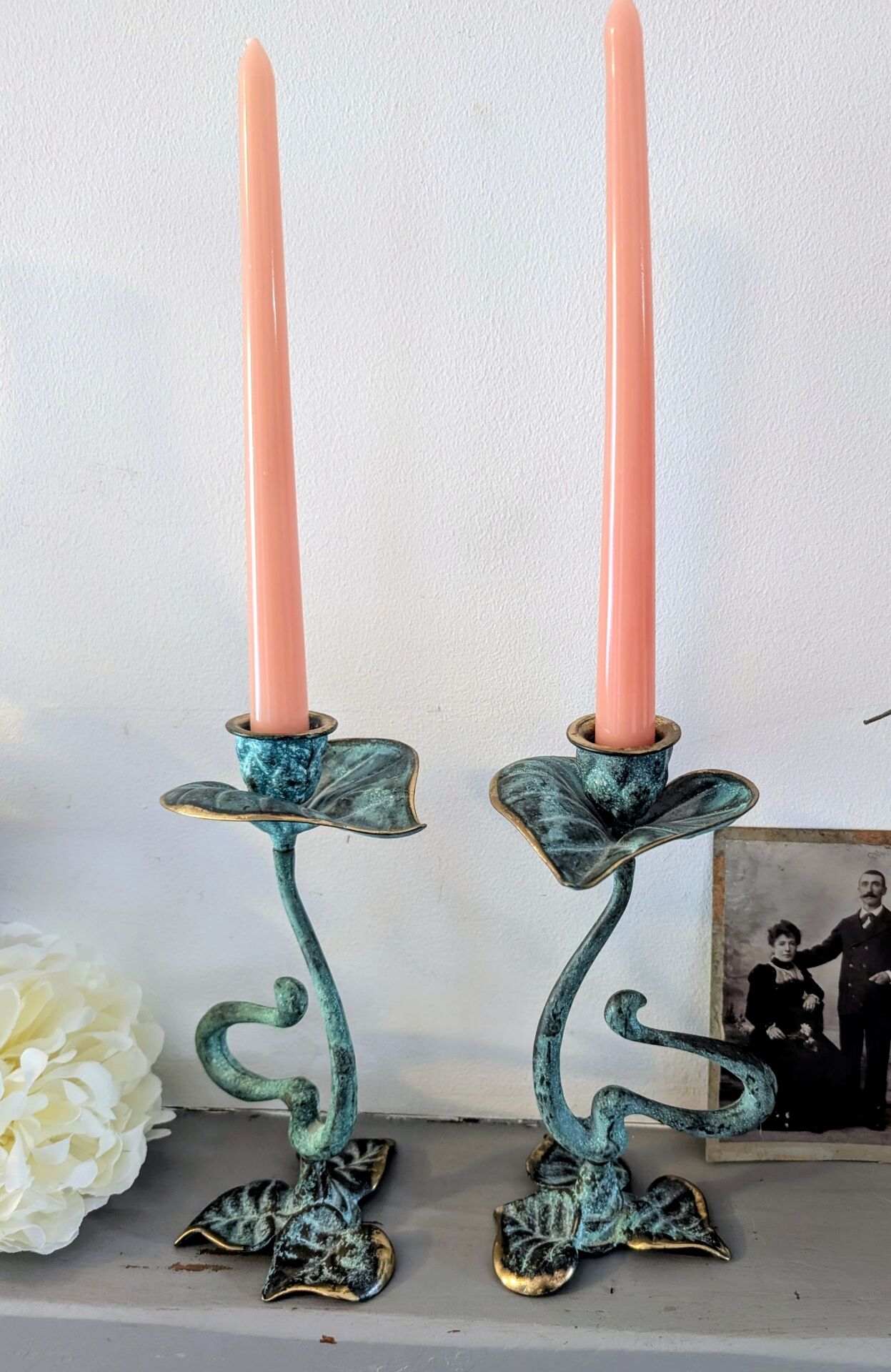 Pair of patinated greenish-blue bronze candlesticks Art Nouveau style