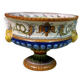 Antique painted ceramic fruit bowl/pot with grotesque motifs