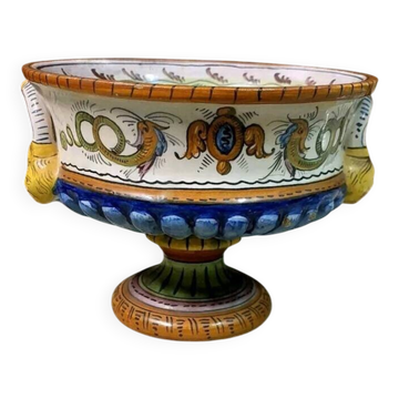 Antique painted ceramic fruit bowl/pot with grotesque motifs