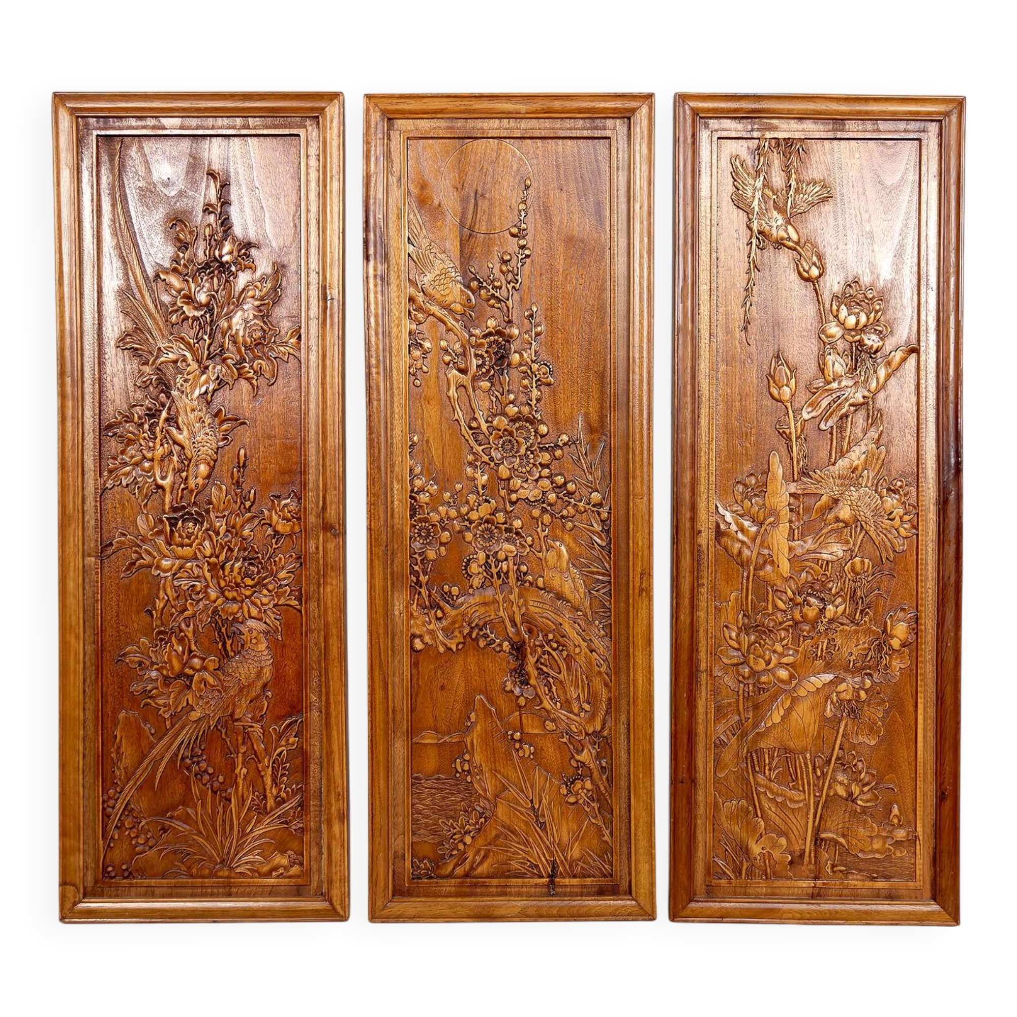 3 carved wooden panels, floral and animal decorations, Indochina