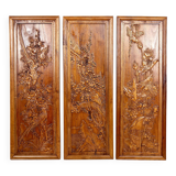 3 Panneaux en bois sculpté, Décors Floraux et Animaliers, Indochine