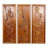 3 carved wooden panels, floral and animal decorations, Indochina