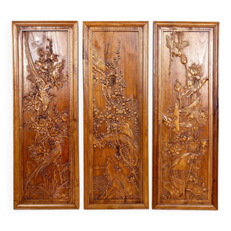 3 Panneaux en bois sculpté, Décors Floraux et Animaliers, Indochine