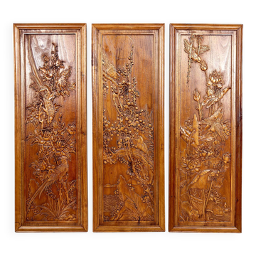 3 carved wooden panels, floral and animal decorations, Indochina