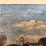 Village on the river, oil on wood early 20th century, signature for identification