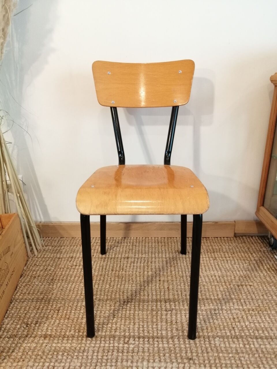 Series of 4 wooden and metal school chairs