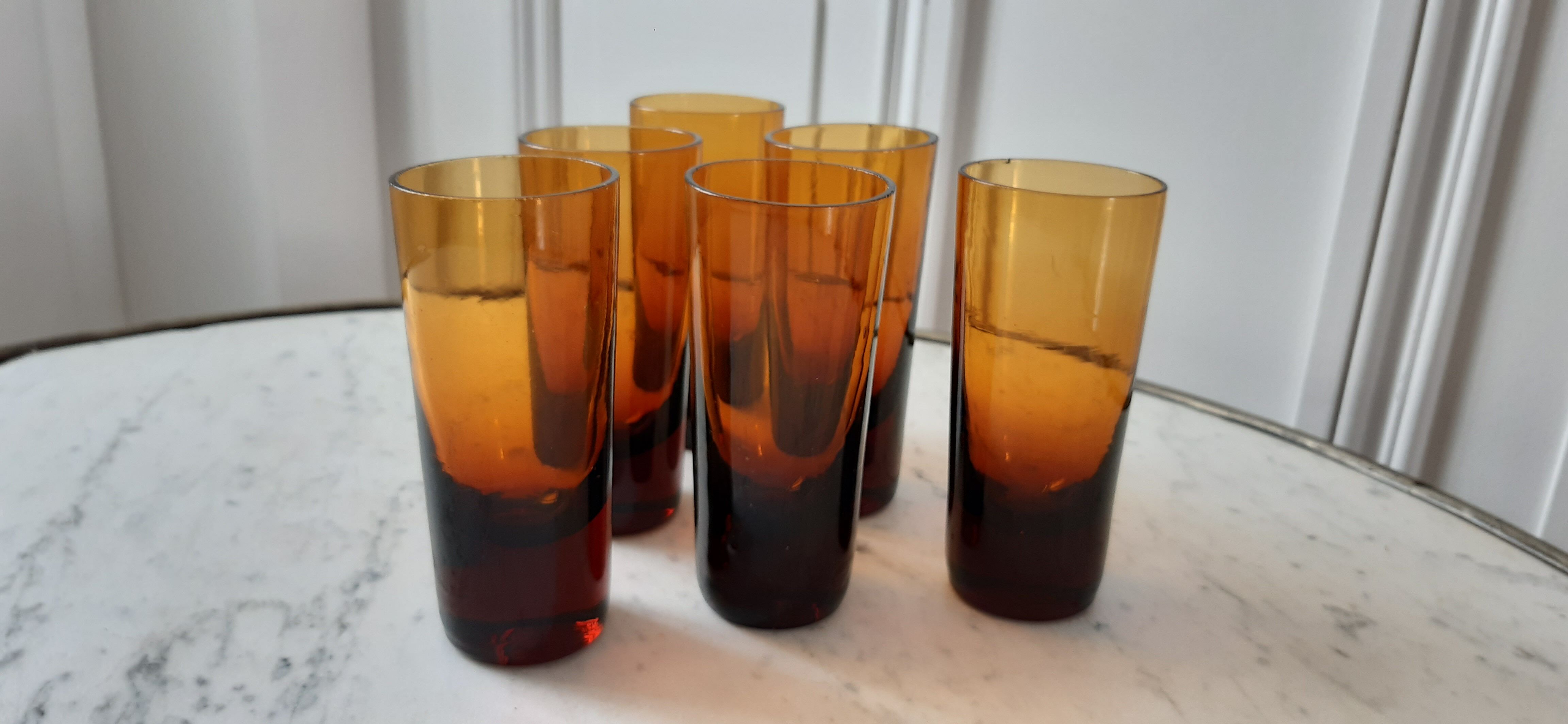 Set of 6 amber glasses with thick bottom 60s-70s