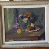 Old painting, oil on wood, still life with wine decanter, fruit cup and bouquet of flowers