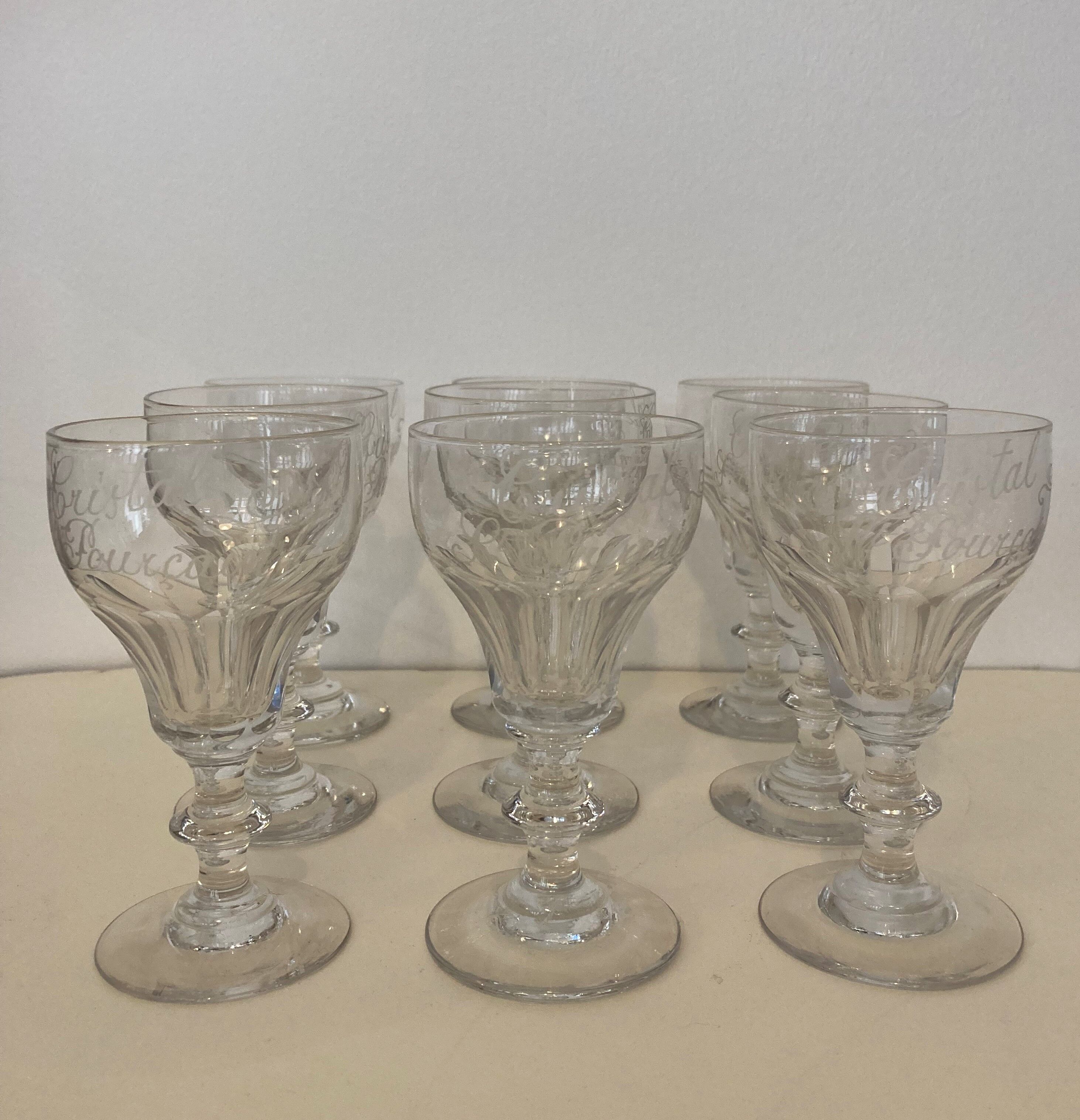 Set 9 crystal wine glasses engraved Saint Pourçain