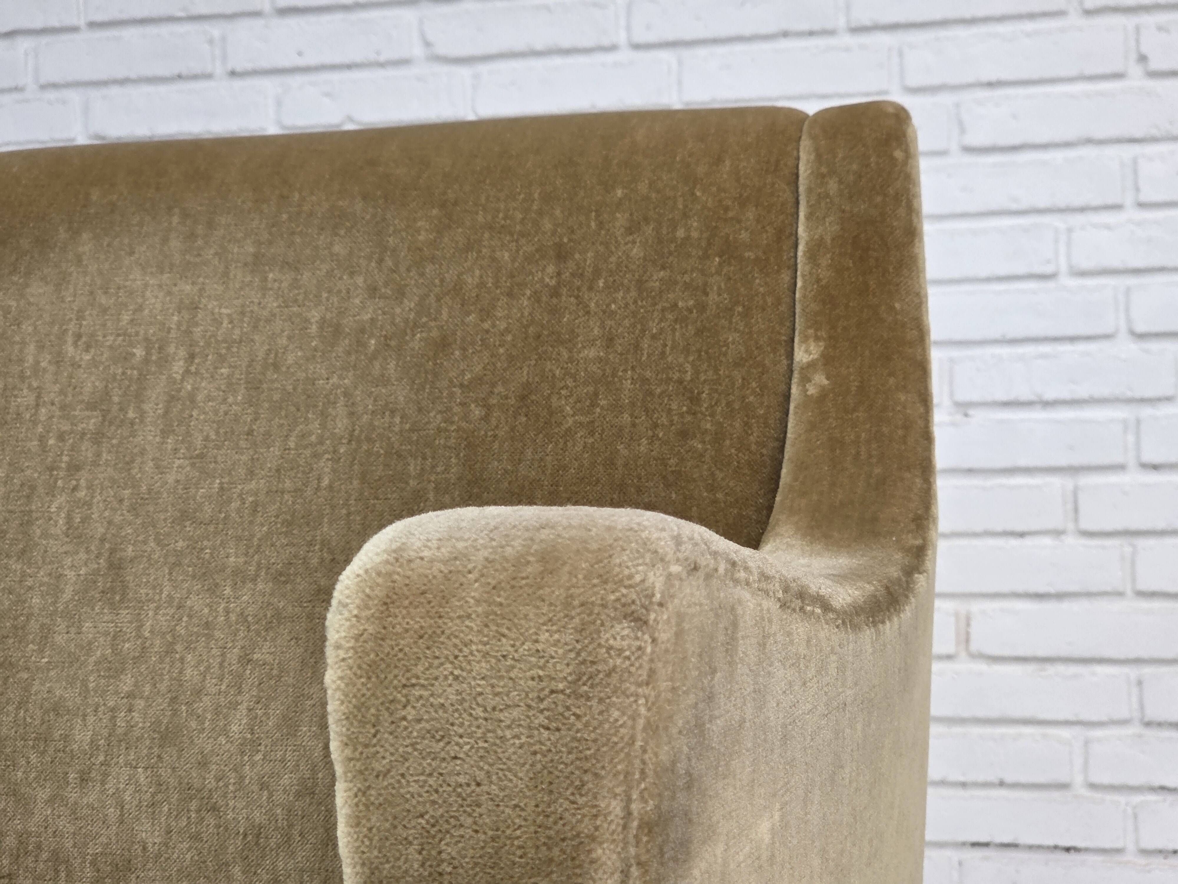 1970s, Danish armchair, original green furniture velour, teak wood legs.