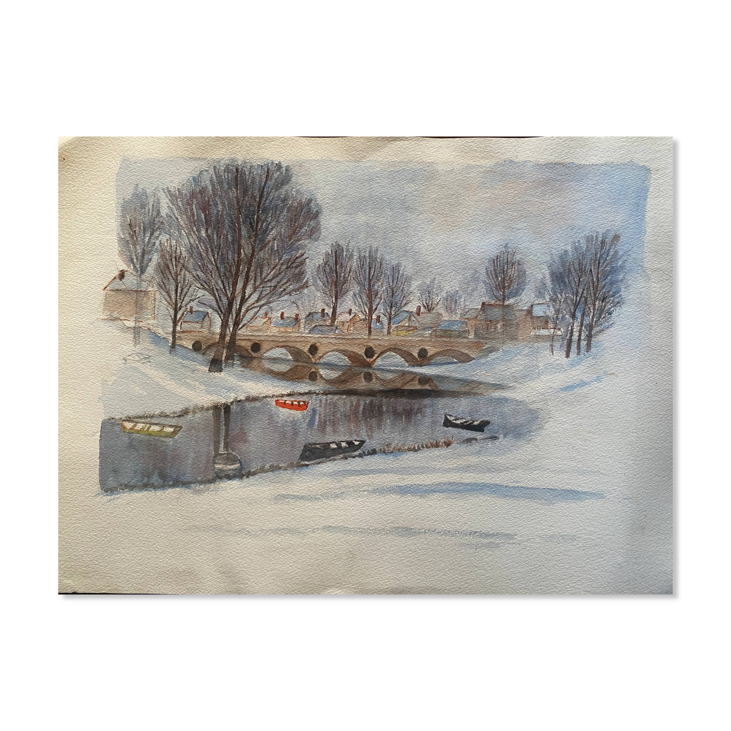 Original watercolor painting "Winter landscape with village and boats"