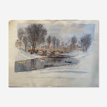 Tableau Aquarelle originale "Paysage hivernal avec village et bateaux"