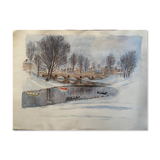 Original watercolor painting "Winter landscape with village and boats"