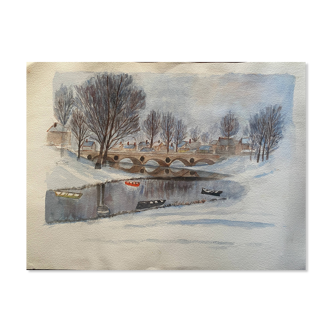 Tableau Aquarelle originale "Paysage hivernal avec village et bateaux"