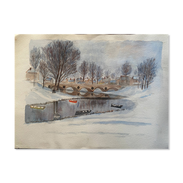 Original watercolor painting "Winter landscape with village and boats"