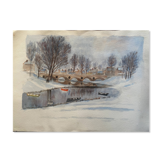 Original watercolor painting "Winter landscape with village and boats"