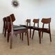 Set of 6 teak and black imitation leather chairs, Scandinavian design from the 70s vintage