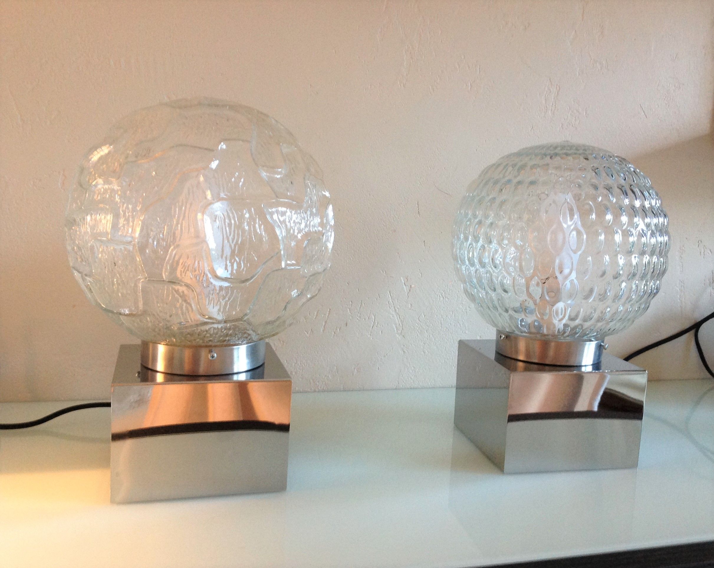 Pair of globe bedside lamps in glass and chrome/vintage metal 70-80
