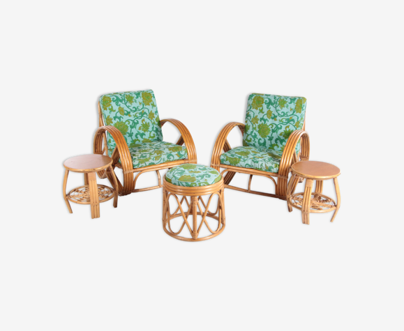 Ensemble de fauteuils lounge en bambou et pouf avec tables d’appoint Paul Frankl, années 1960
