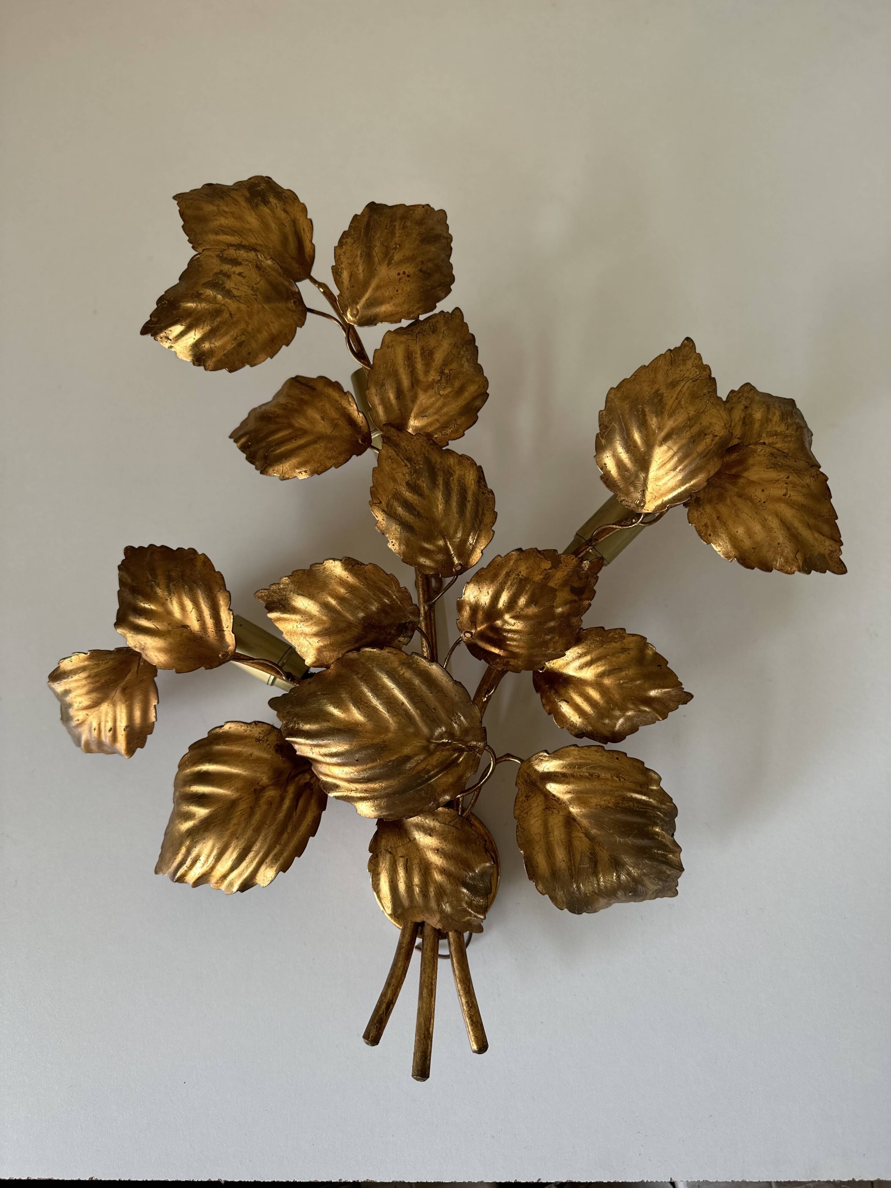 Large golden leaf wall lamp vintage design 70s